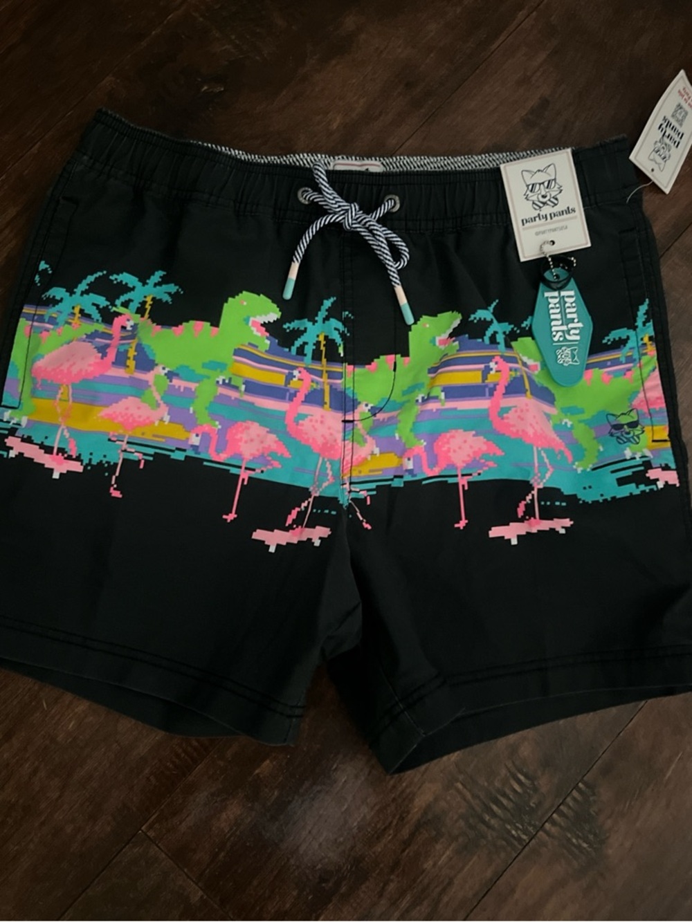 Party Pants Black Swim Shorts with Neon Flamingo & Palm Print